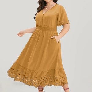 BloomChic Dark Yellow Laser Cut Smocked Waist Tiered Midi Dress  Size 26